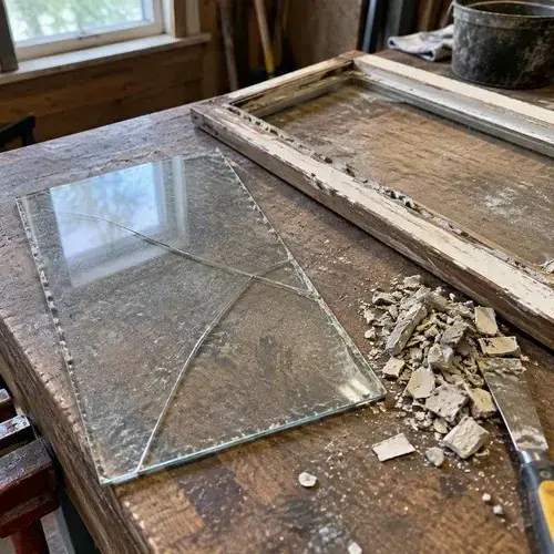 Cracked glass pane laid on a workbench beside an old wood sash with chipped