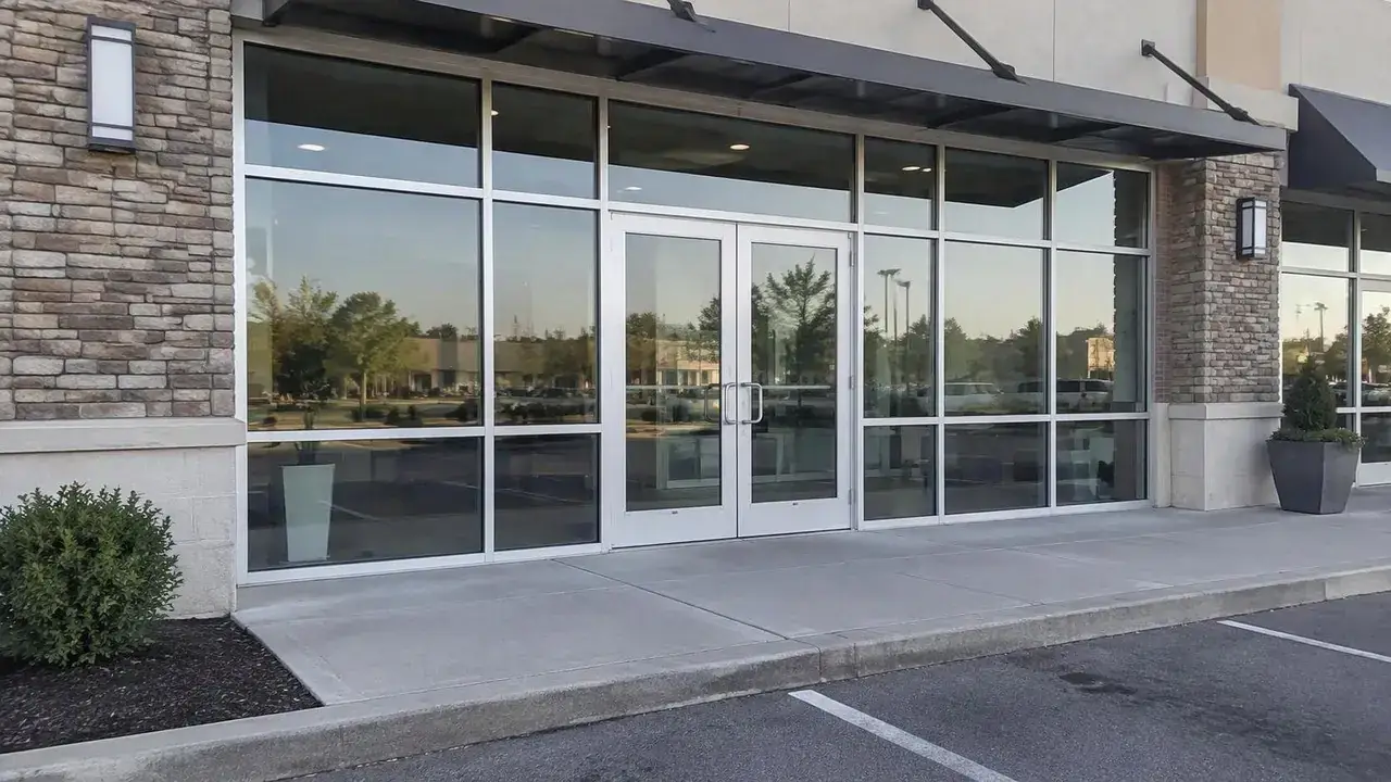 Commercial aluminum and glass entrance doors at a plaza
