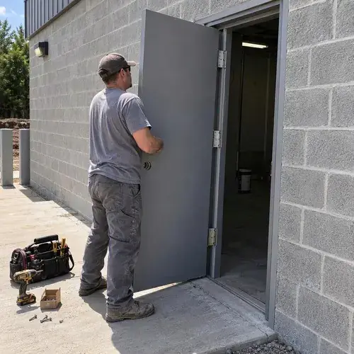 Worker hanging a grey steel door on hinges in a frame on a concrete