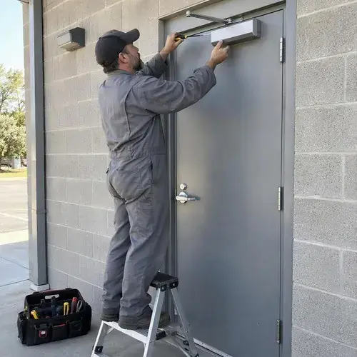 Technician in coveralls on stepladder fitting a door closer on a grey steel door