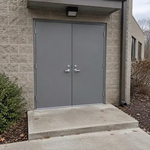 Pair of gray steel double doors with lever handles set in a stone-block commercial