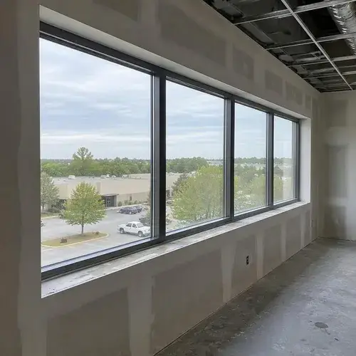Row of new black-framed windows in an unfinished commercial office interior with bare drywall