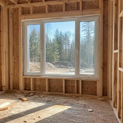 Large three-panel casement picture window set in bare wood framing of a new build