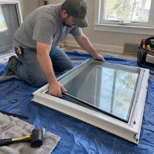Man kneeling on a blue tarp fitting a new double pane glass unit into