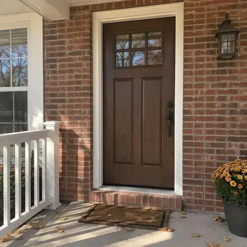 Brown wood-grain entry door with small top glass panes in white frame on red