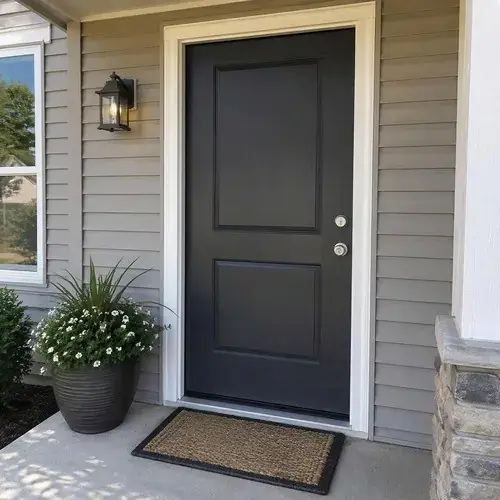 Dark charcoal two-panel residential entry door with white trim