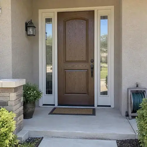Wood-grain fiberglass front entry door with decorative glass sidelites on a stucco home with