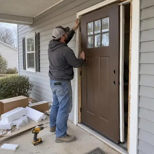 Worker positioning a brown entry door with glass panes into an open frame on