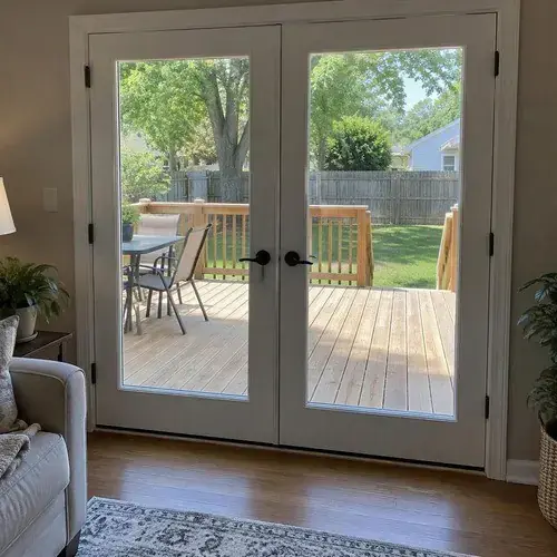Interior view of white double French patio doors with full glass opening onto a