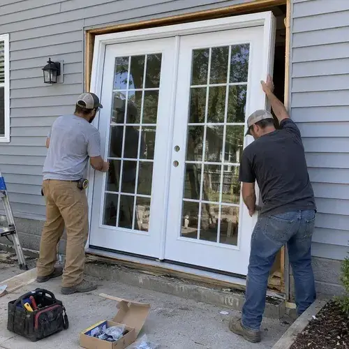 Two installers carrying and setting white double French doors with grid glass into an