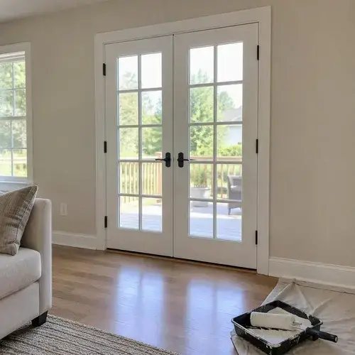 White interior French doors with divided glass panes opening to a deck