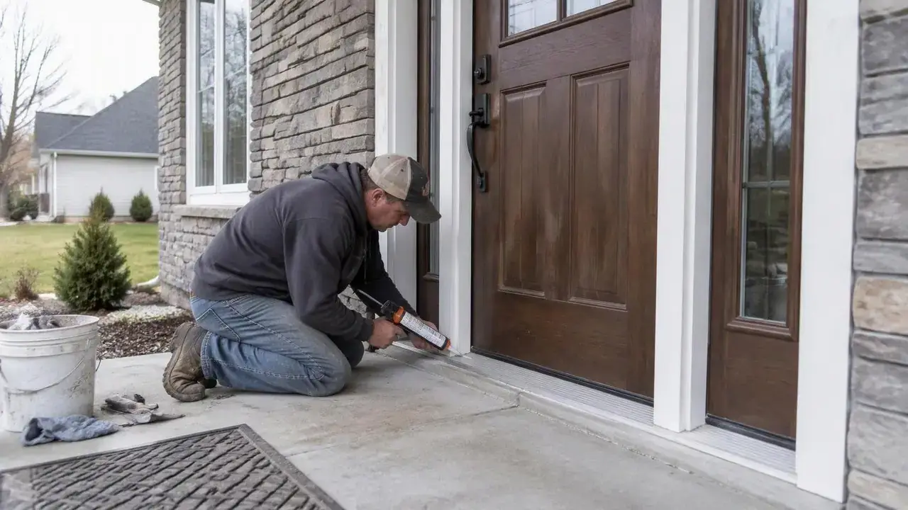 Installer caulking the base of a newly installed door