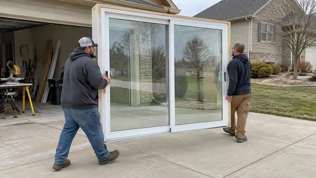 Installers carrying a new patio door across the driveway