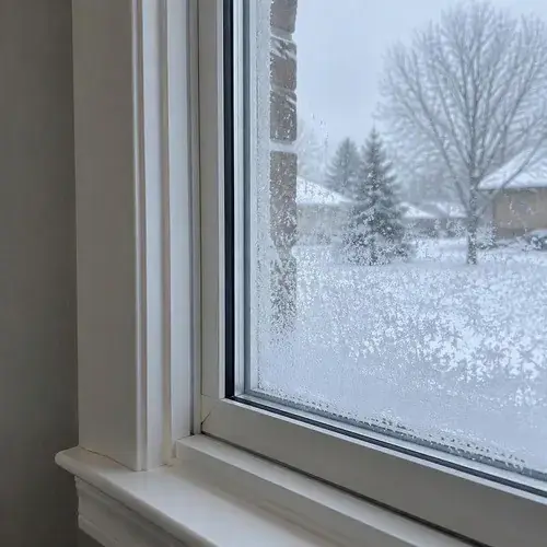 Close-up of white window frame with frost crystals on the glass looking out at
