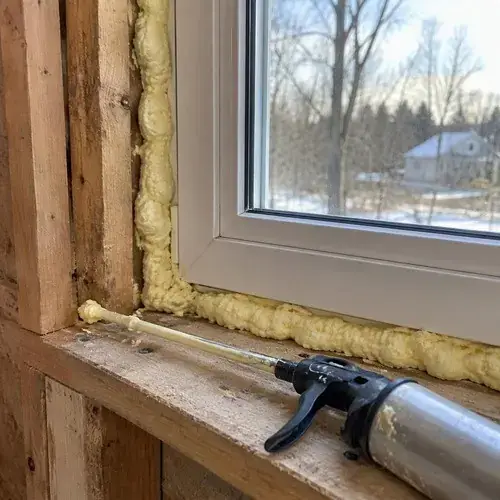 Spray foam insulation being applied with a foam gun in the gap between a
