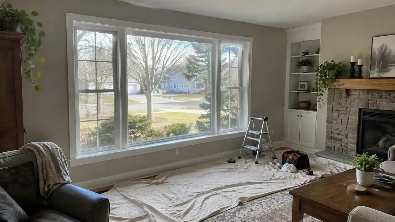Living room with a large new picture window installed