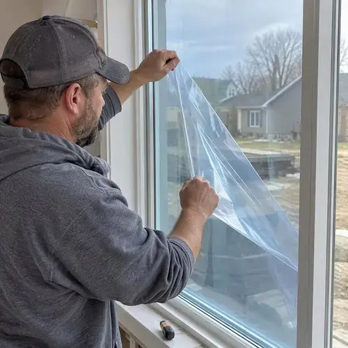 Man in cap peeling clear protective film off the glass of a new white