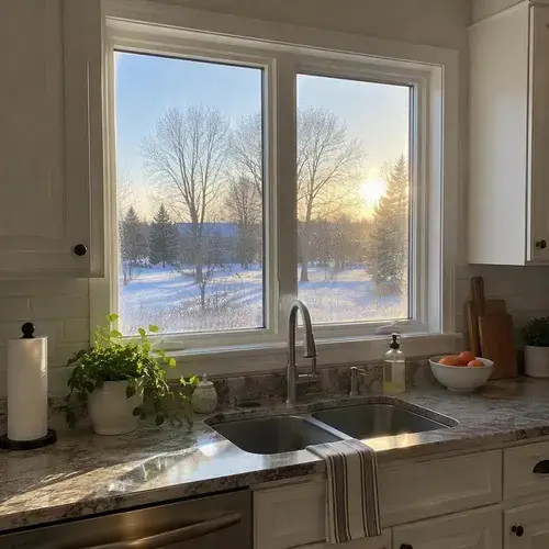 White double-pane kitchen window over a sink at sunset