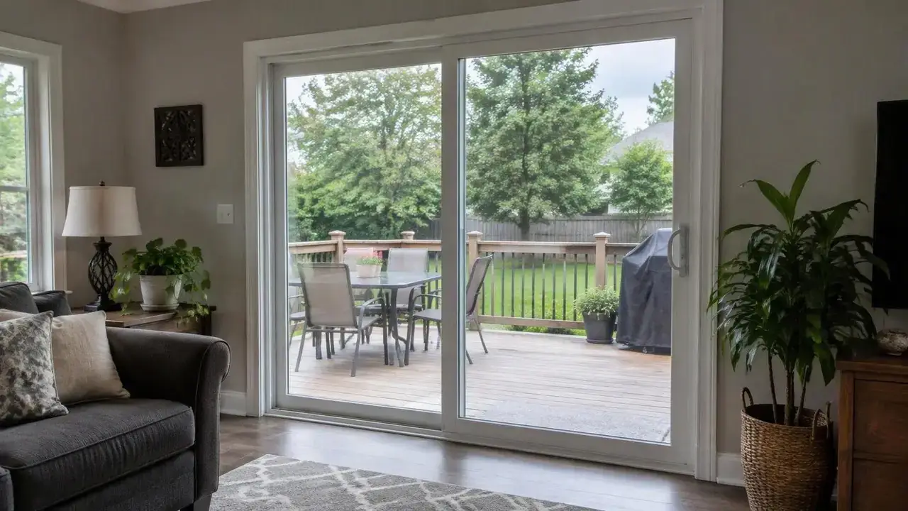 New sliding glass patio door opening onto a back deck