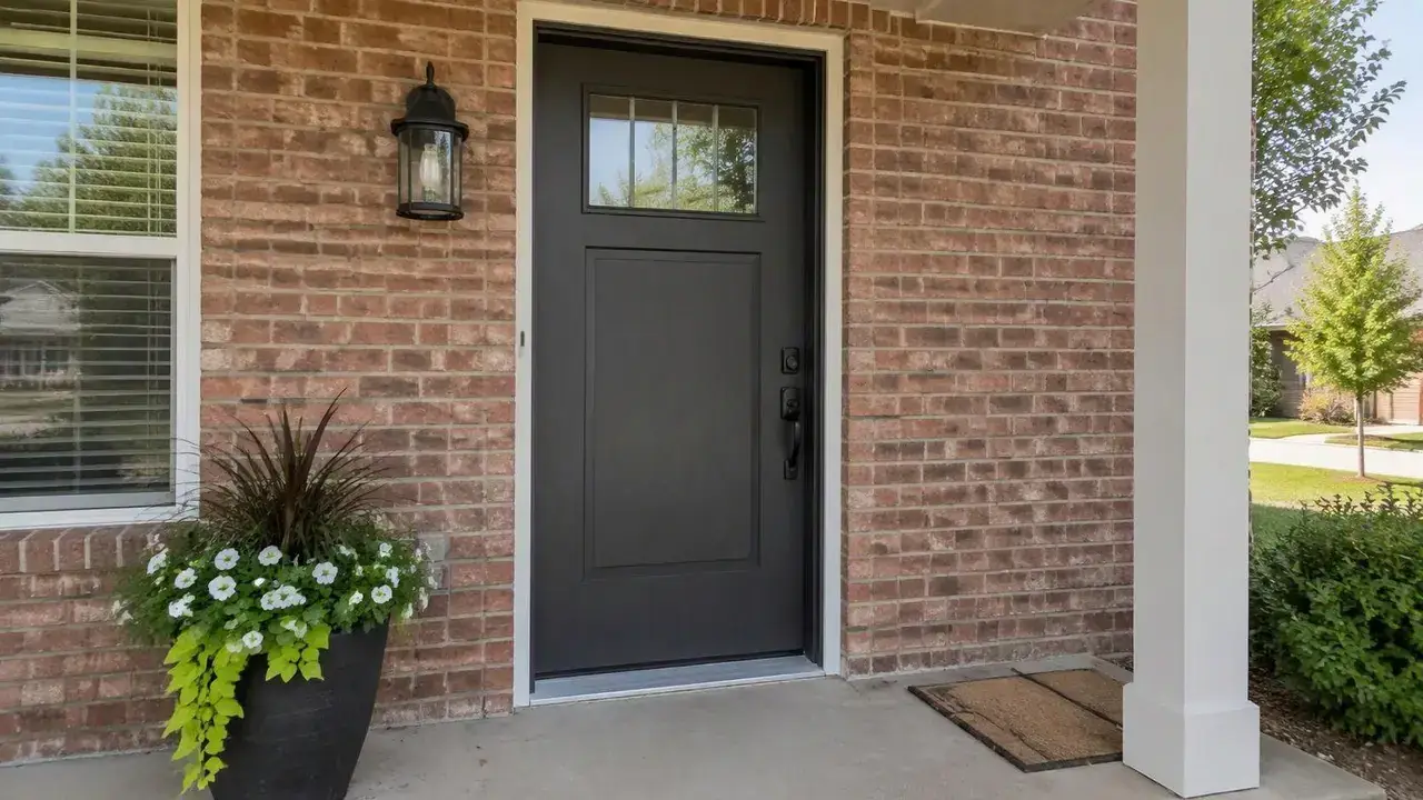 New steel entry door installed on a brick house
