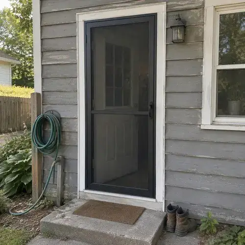 Black-framed screen door mounted in a white trim doorway on a gray house with