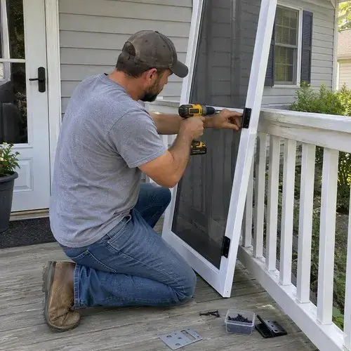 Man kneeling on a porch uses a cordless drill to attach hinges to a