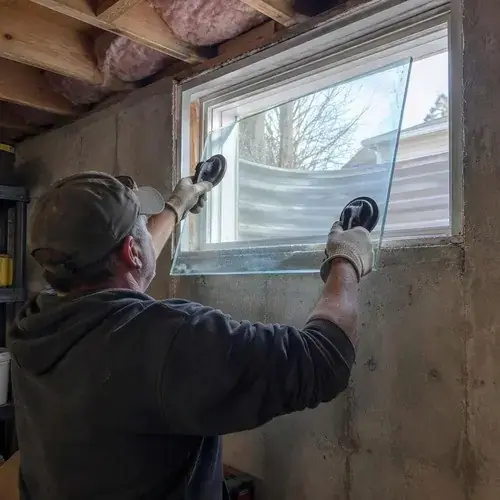 Worker in cap and gloves using suction cups to lift a glass pane into