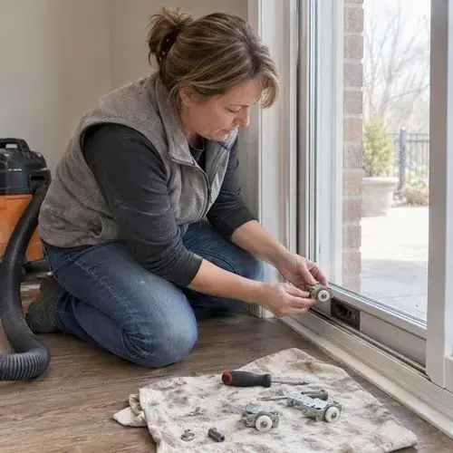 Woman replaces sliding door rollers at the door bottom