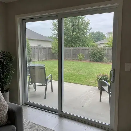 Interior view of a two-panel sliding glass patio door opening onto a concrete patio