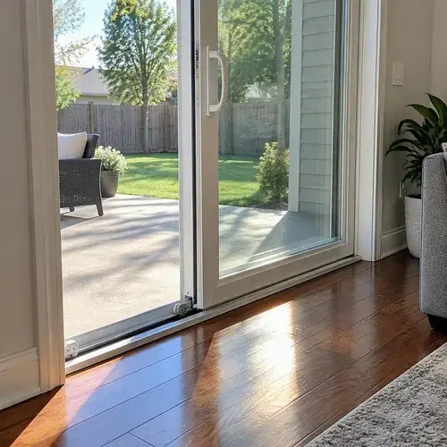 Open white sliding glass patio door with handle and floor lock