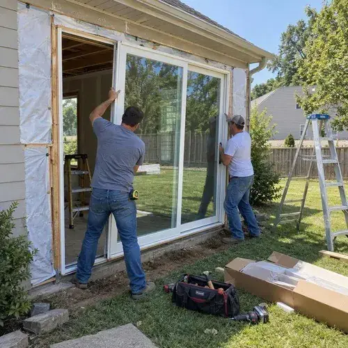 Two installers lifting a large sliding glass door panel into a wall opening on
