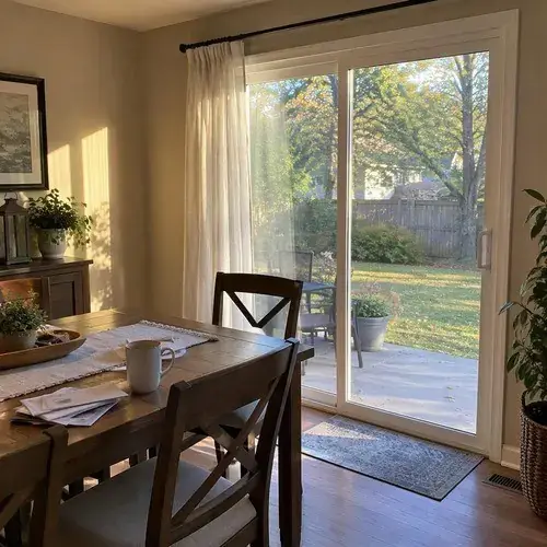 White-framed sliding glass patio door in a dining room looking out to a backyard