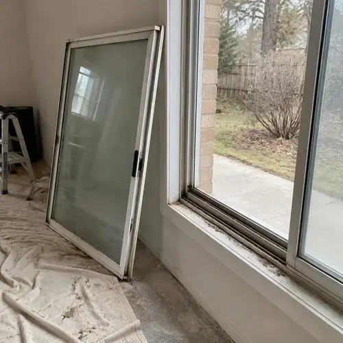 Sliding window sash removed and leaning inside room on drop cloth