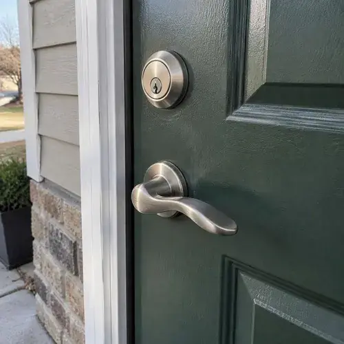 Close-up of a dark green paneled entry door with brushed nickel deadbolt and lever