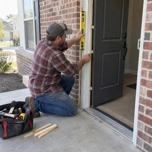 Kneeling installer levels a door frame with a yellow level at a brick home