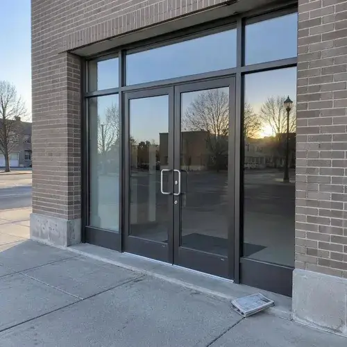 Dark aluminum storefront entrance with double glass doors