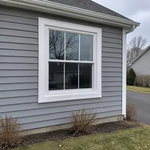 New white double-hung vinyl window with wide trim on grey vinyl-sided house