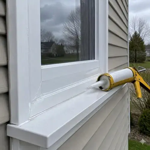Caulking gun laid on the sill of a white vinyl window with fresh sealant