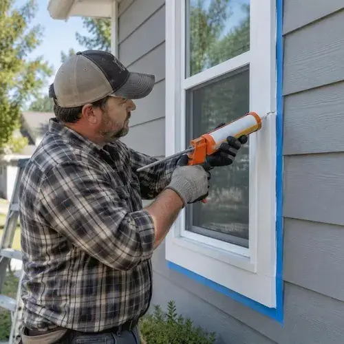 Worker in plaid shirt applying caulk with a gun around a white window frame