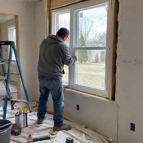 Installer fitting a white double-hung window into a rough opening in a house under