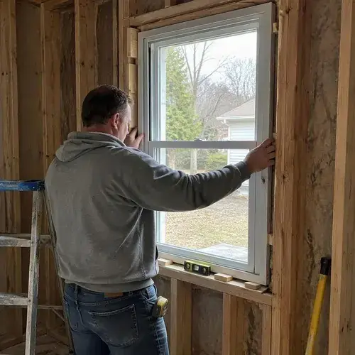 Installer holding a white window in a rough opening with shims and level on