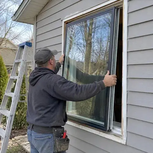 Installer in a hoodie holds a dark-framed window unit in an opening on a