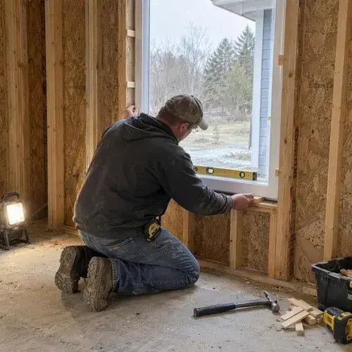 Installer kneeling to shim and level a white window in a framed rough opening