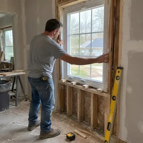 Installer steadying a white grid-pane window on shims in a rough opening