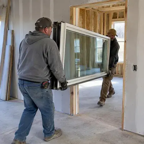 Two workers carrying a large white-framed window unit through an unfinished interior toward a