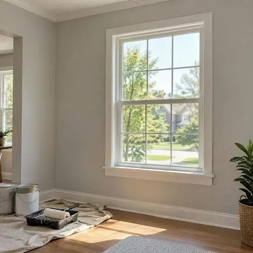 White double-hung window with grids in a freshly painted room