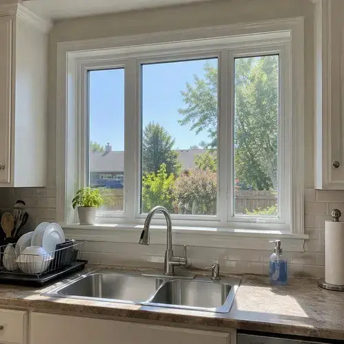 White three-section window above a kitchen sink with granite countertop