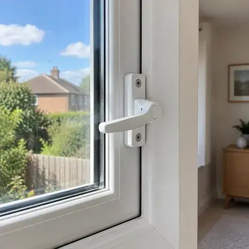Close-up of a white window sash lock handle with screws on a white frame