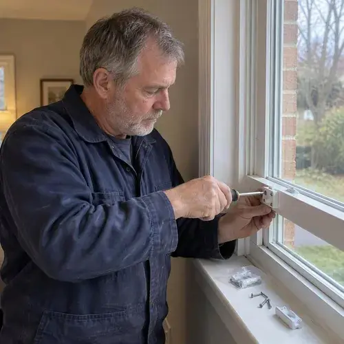 Man with a screwdriver fastens a white sash lock onto a double-hung window frame