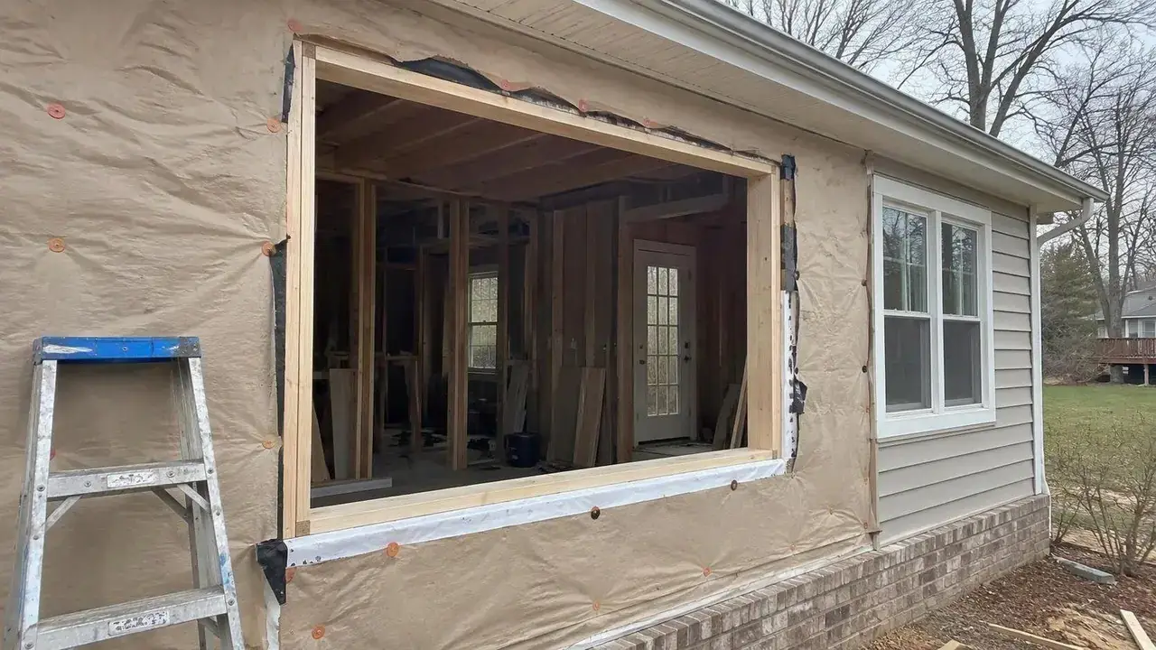 Framed window opening exposed during installation work